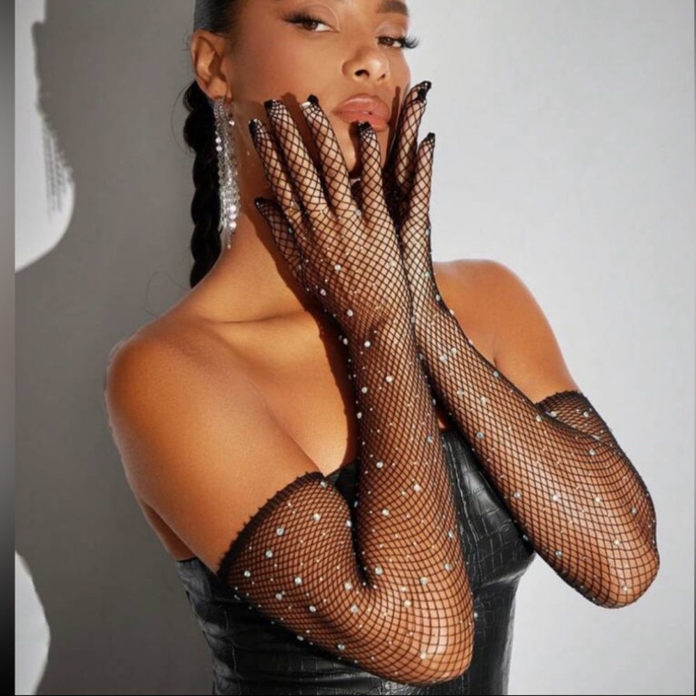 Black Fishnet Rhinestone Accent Long Gloves NEW 🏷️